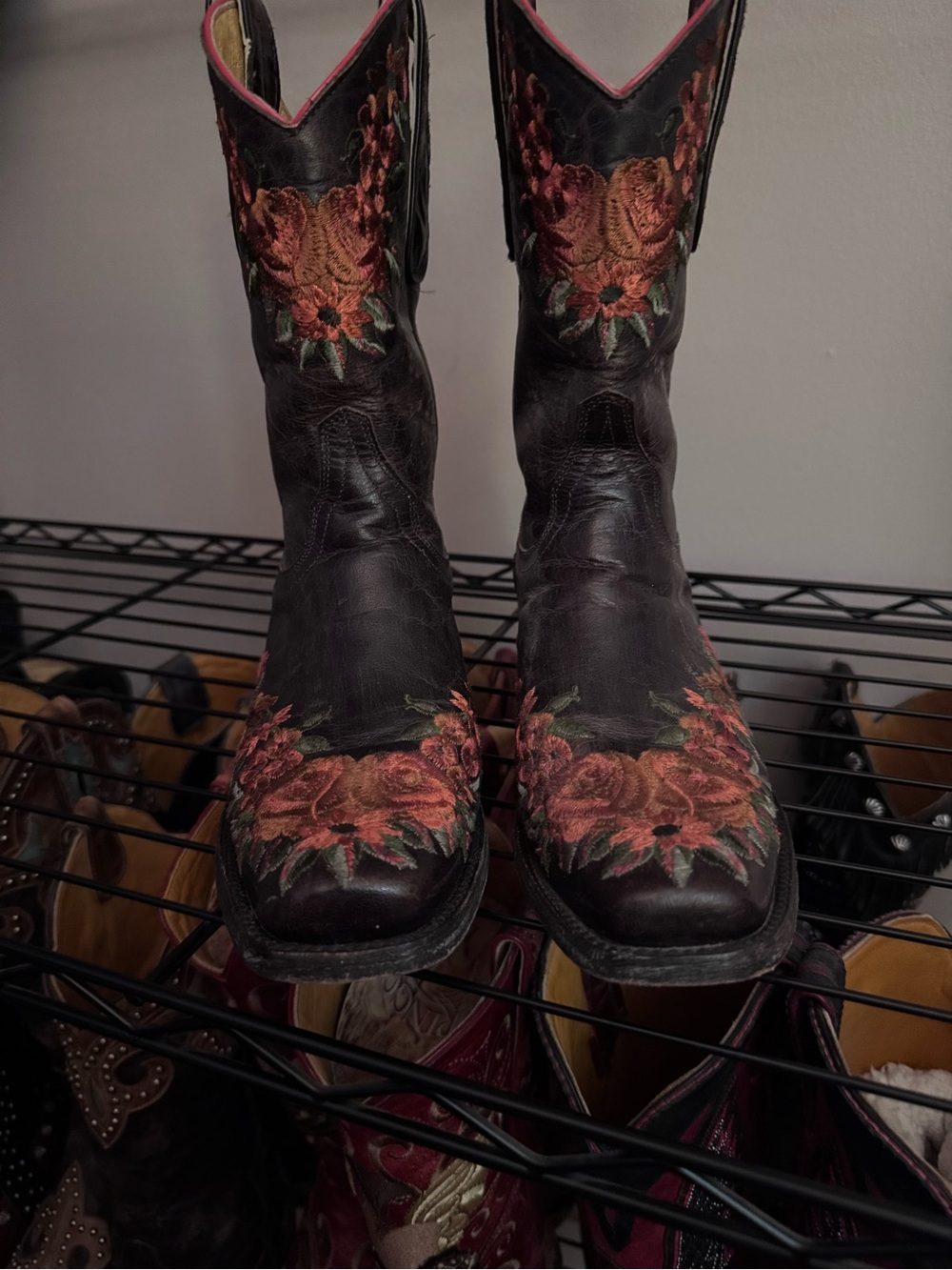 Old Gringo Dark Brown Leather Heeled Boots with Coral Rose Embroidery